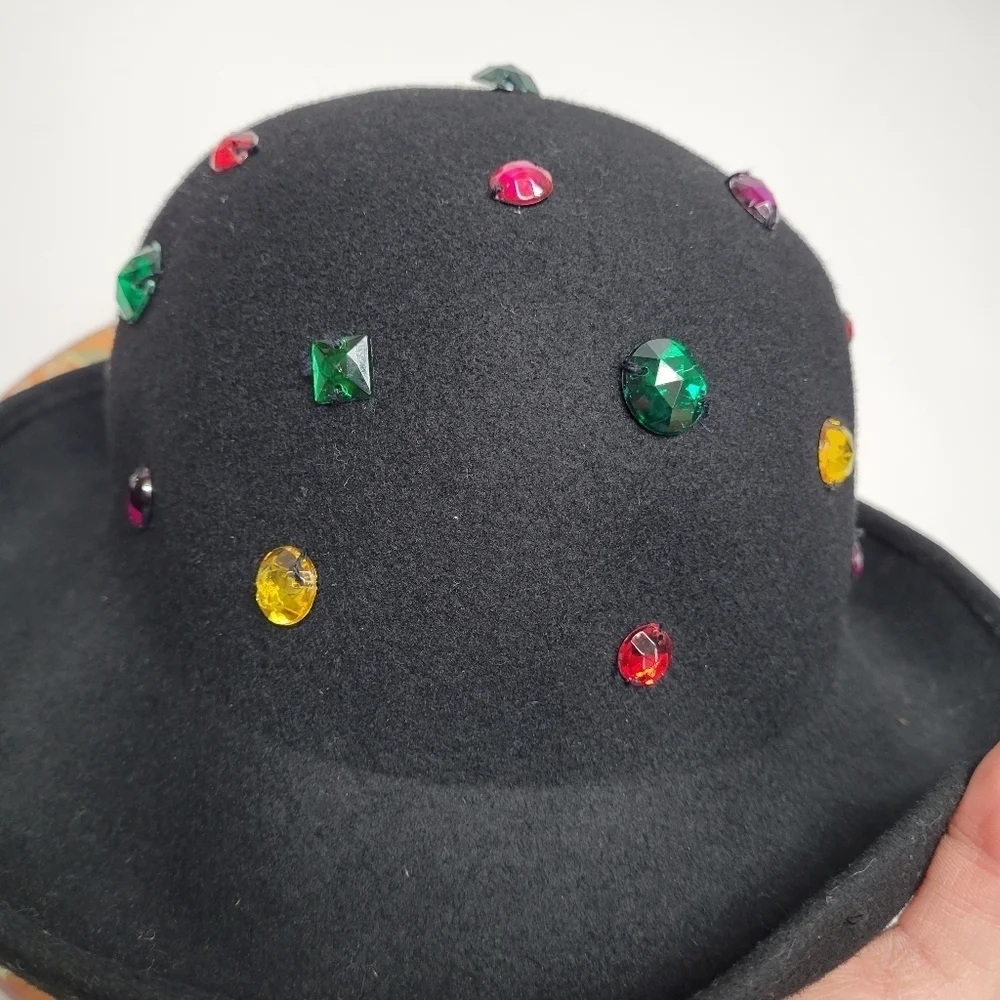 Vintage Wool Bejewled Made in Italy Black Hat Silver‎ Studs Felt 60s Retro - Picture 11 of 17
